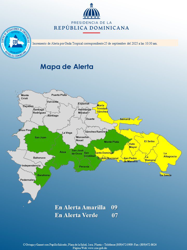 COE activa alerta amarilla por lluvias y viento en 8 provincias y el DN